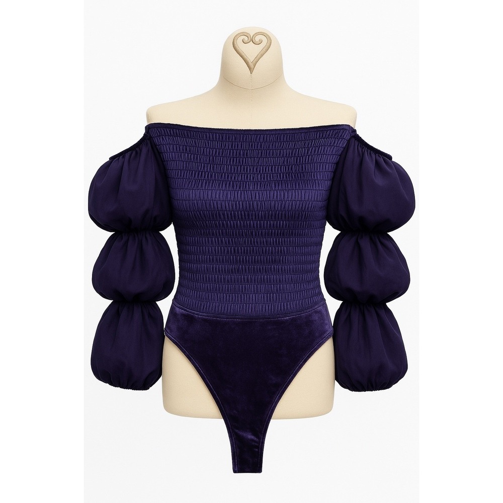 Intimately‎ Free People Smocked Puff Sleeve Bodice Velvet Bodysuit Purple Small